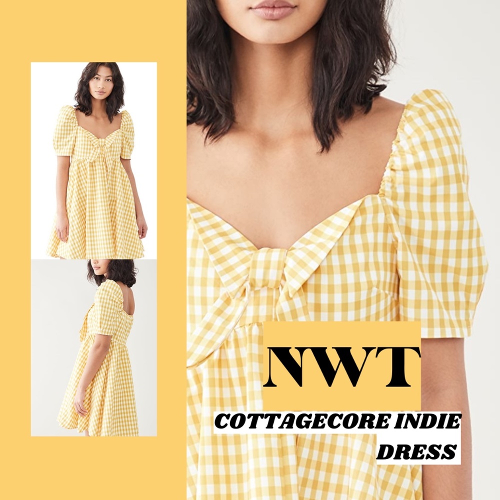 NWT Cottagecore Indie Gingham Yellow and White Mini Dress w/ sweetheart neckline